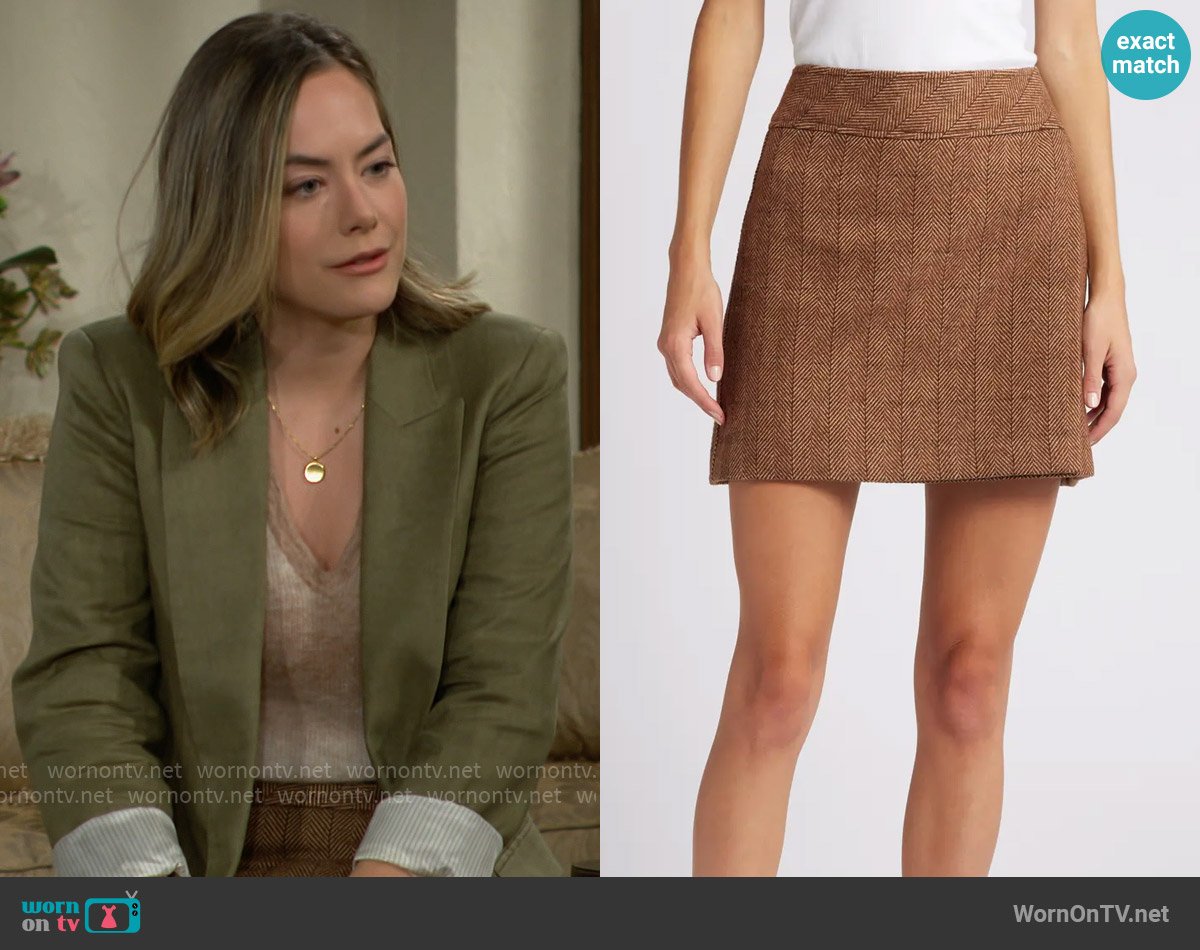 Treasure & Bond Herringbone Tweed Miniskirt worn by Hope Logan (Annika Noelle) on The Bold and the Beautiful