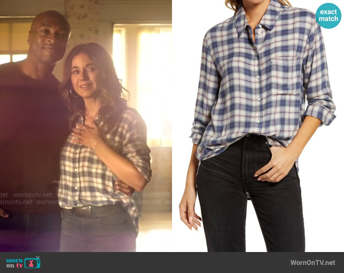 Treasure & Bond Plaid Boyfriend Shirt in Blue Pink Ryan Plaid worn by Lana Lang Cushing (Emmanuelle Chriqui) on Superman and Lois