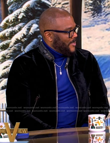 Tyler Perry's black velvet bomber jacket on The View