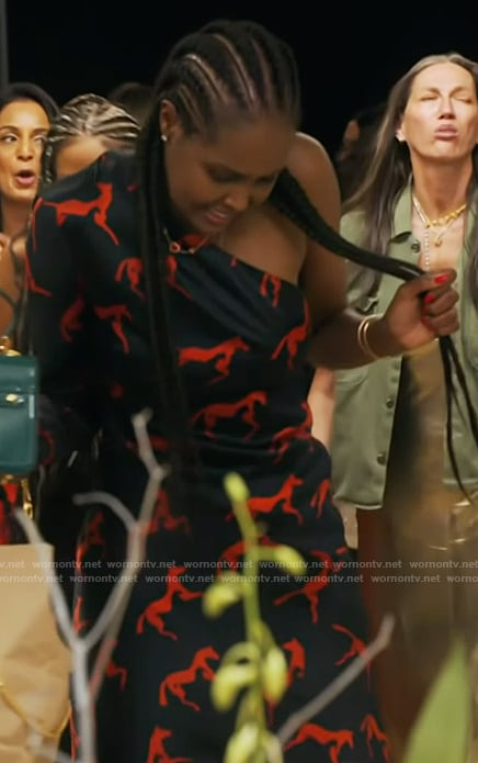 Ubah's black horse print one shoulder dress on The Real Housewives of New York City