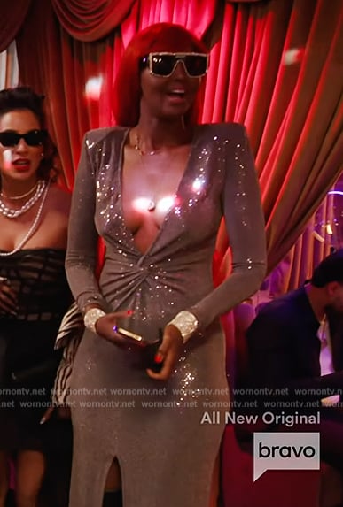 Ubah’s metallic twist front dress on The Real Housewives of New York City