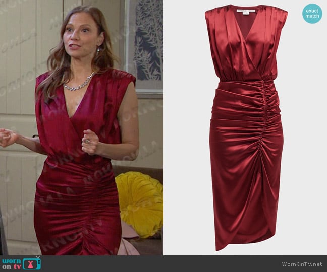 Veronica Beard Casela Ruched V-Neck Midi Dress in Merlot worn by Ava Vitali (Tamara Braun ) on Days of our Lives