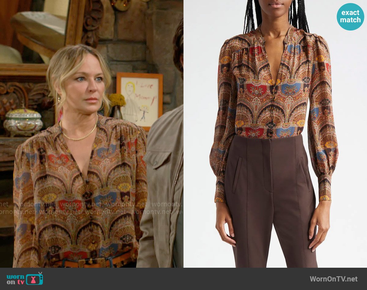 Veronica Beard Esmeralda Top in Dark Chocolate Multi worn by Sharon Newman (Sharon Case) on The Young and the Restless