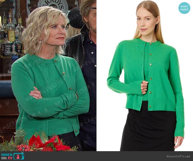 Vince Shank Button Cardigan in Dark Parakeet worn by Kayla Brady (Mary Beth Evans) on Days of our Lives