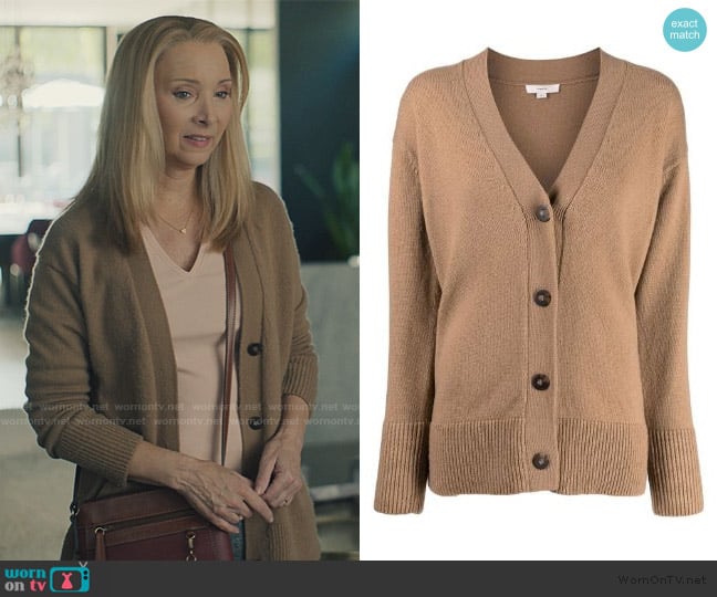 Vince Weekend V-neck ribbed cardigan worn by Lydia Morgan (Lisa Kudrow) on No Good Deed