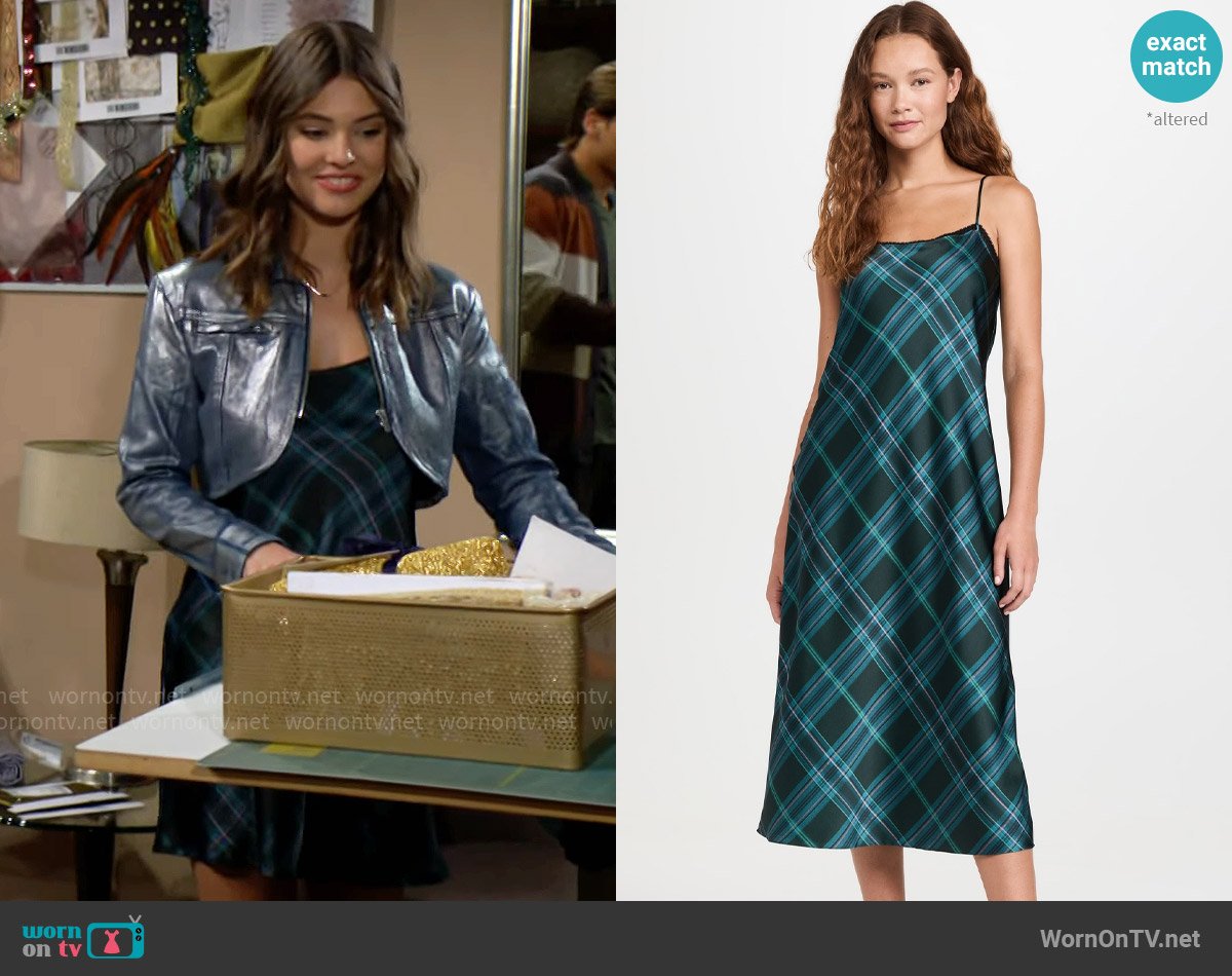 Vince Plaid Lace Trim Slip Dress in Jade Onyx worn by Electra Forrester (Laneya Grace) on The Bold and the Beautiful