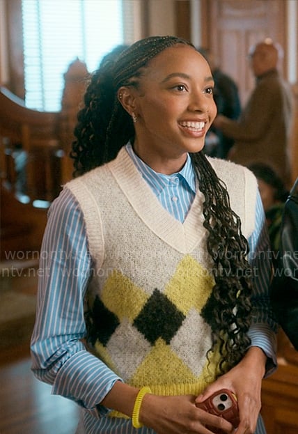 Whitney's diamond print sweater vest on The Sex Lives of College Girls