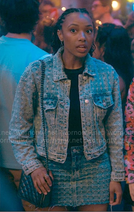 Whitney’s textured denim jacket and skirt set on The Sex Lives of College Girls