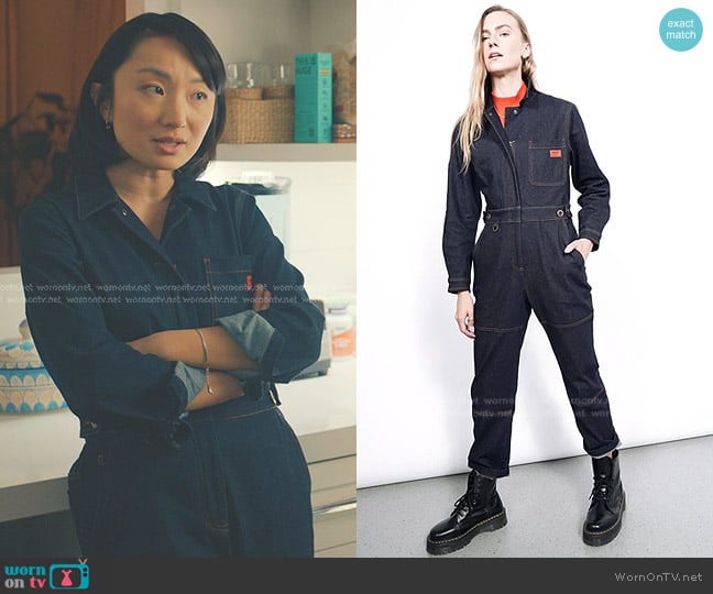 Wildfang The Essential Denim Long Sleeve High Waisted Coverall worn by Sarah Weber (Poppy Liu) on No Good Deed