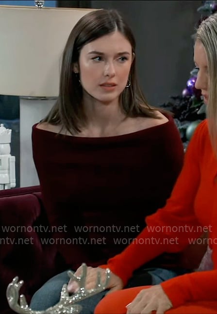 Willow's burgundy off-shoulder sweater on General Hospital