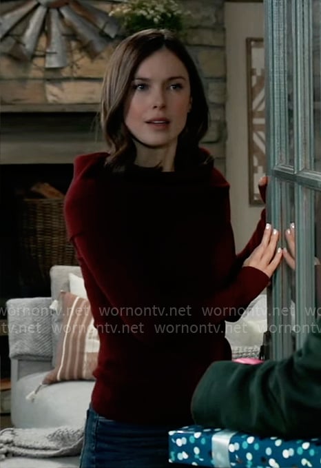 Willow's burgundy off-shoulder sweater on General Hospital