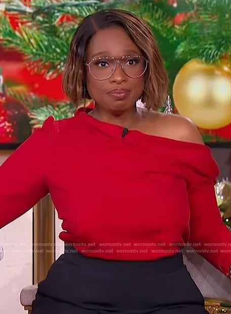 Jennifer's red one off shoulder top on The Jennifer Hudson Show