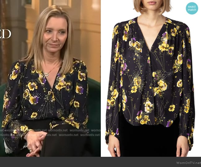 Zadig & Voltaire Turin Crepe Yoko Strass Blouse worn by Lisa Kudrow on Access Hollywood