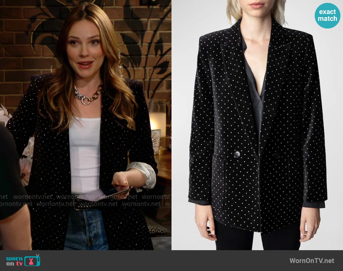 Zadig & Voltaire Visko Double-Breasted Embellished Velvet Blazer worn by Tessa Porter (Cait Fairbanks) on The Young and the Restless