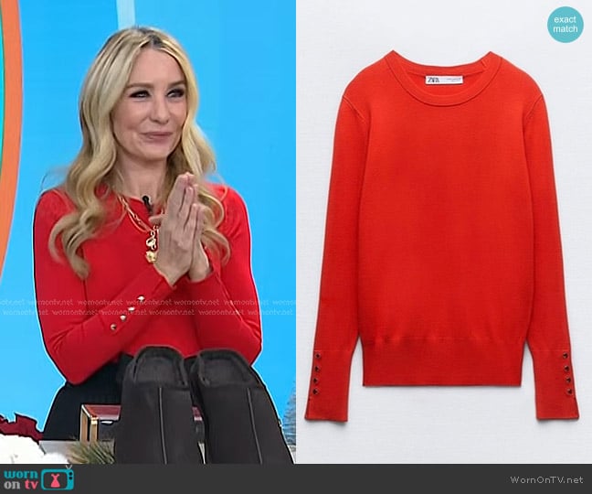 Zara Basic Knit Sweater in Bright Red worn by Chassie Post on Today