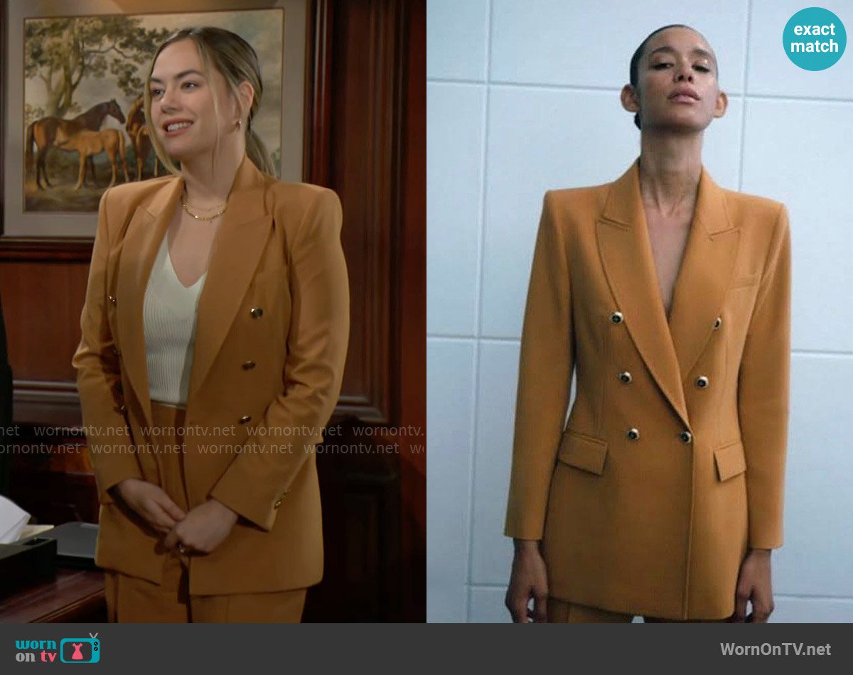 Zara Double Breasted Long Blazer in Dark Camel worn by Hope Logan (Annika Noelle) on The Bold and the Beautiful