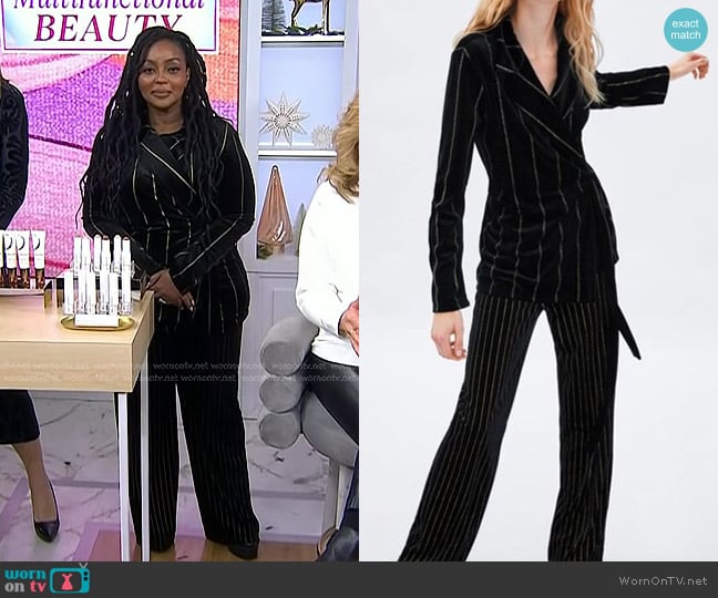 Zara Velvet Pinstripe Blazer and Wide Leg Pants worn by Ashunta Sheriff on Today