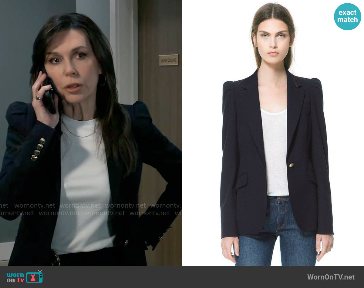 Zara Puff Shoulder Single Breasted Blazer in Navy worn by Anna Devane (Finola Hughes) on General Hospital