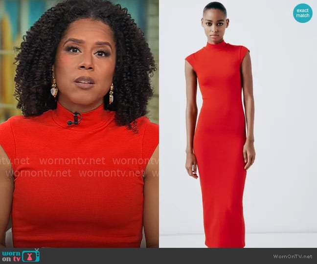 Zara Rib Mock Neck Midi Dress in Red worn by Adriana Diaz on CBS Mornings