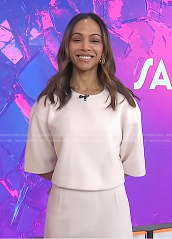 Zoe Saldana’s pale pink wool top and skirt on Today