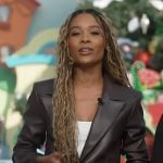 Zuri’s brown leather blazer on Access Hollywood