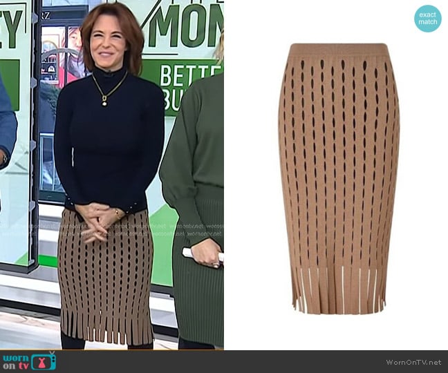 Alexander Wang Fringe Perforated Pencil Skirt in Camel worn by Stephanie Ruhle on Today