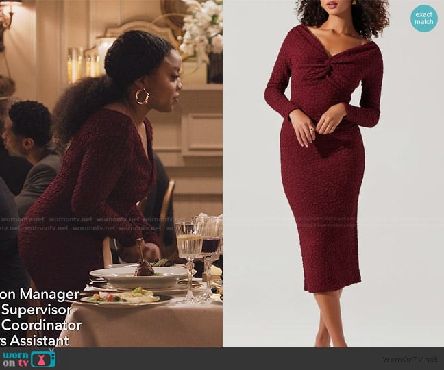 ASTR the Label Textured Knot Front Off the Shoulder Long Sleeve Dress worn by Janine Teagues (Quinta Brunson) on Abbott Elementary