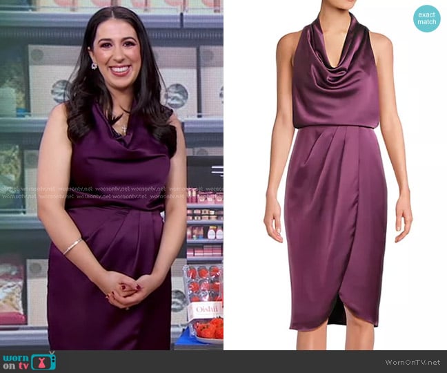 Aidan Mattox Cowl-Neck Cocktail Dress in Bordeaux worn by Stefani Sassos on Good Morning America