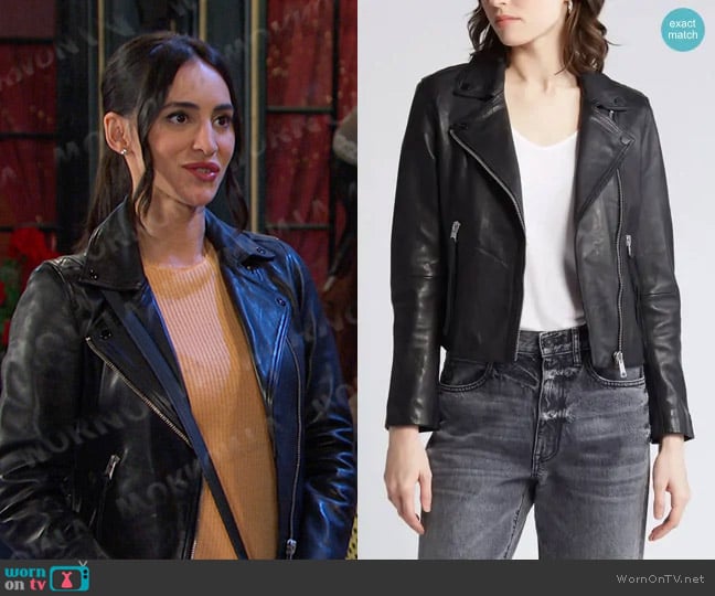 Gabi’s black leather moto jacket on Days of our Lives