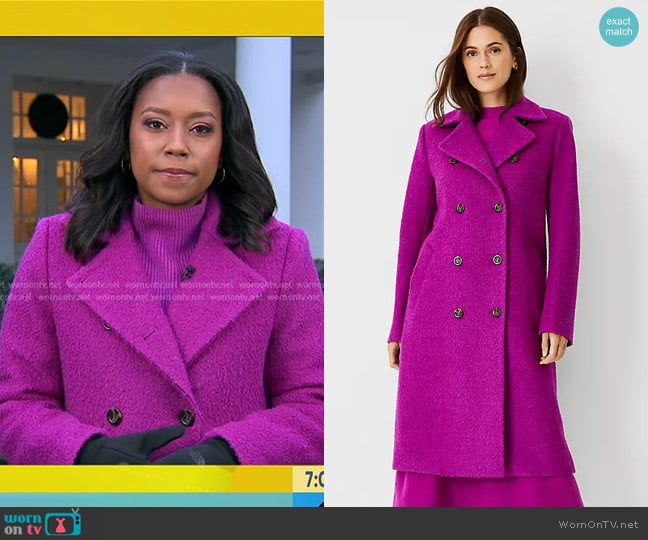 Ann Taylor Textured Wool Blend Double Breasted Coat worn by Rachel Scott on Good Morning America