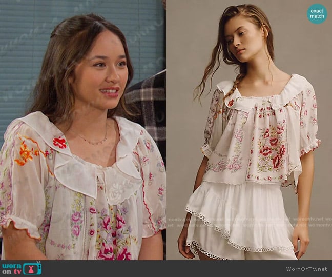 Anthropologie Puff-Sleeve Collared Blouse worn by Sophia Choi (Madelyn Kientz) on Days of our Lives