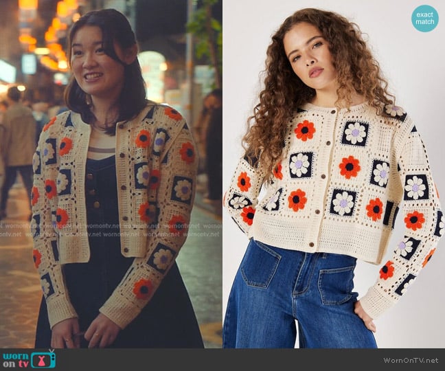 Apricot Patchwork Daisy Crochet Cardigan worn by Stella Cho (Audrey Huynh) on XO Kitty