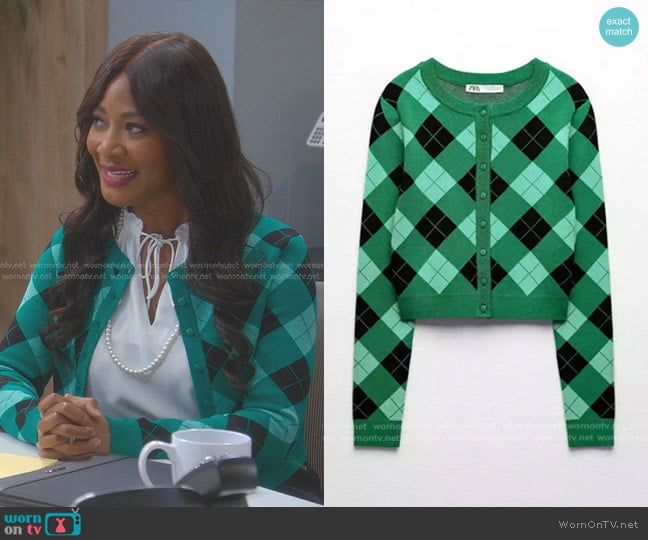 Zara Argyle Knit Cardigan worn by Sheila Morrison (Dayna Dooley) on The Upshaws