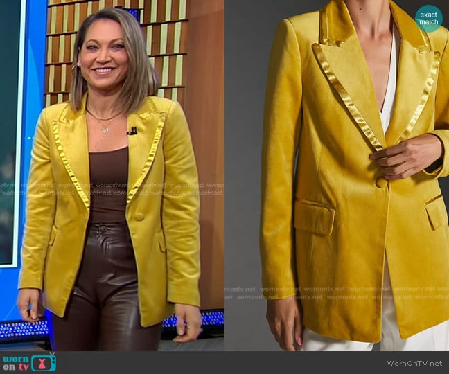 Avec Les Filles Velvet-Tuxedo Blazer in Melon worn by Ginger Zee on Good Morning America