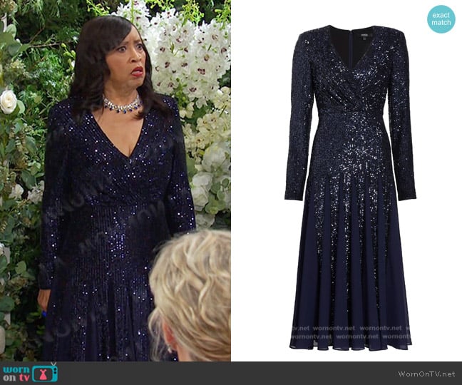 Badgley Mischka Sequined Pleated Midi-Dress in Navy worn by Paulina Price (Jackée Harry) on Days of our Lives