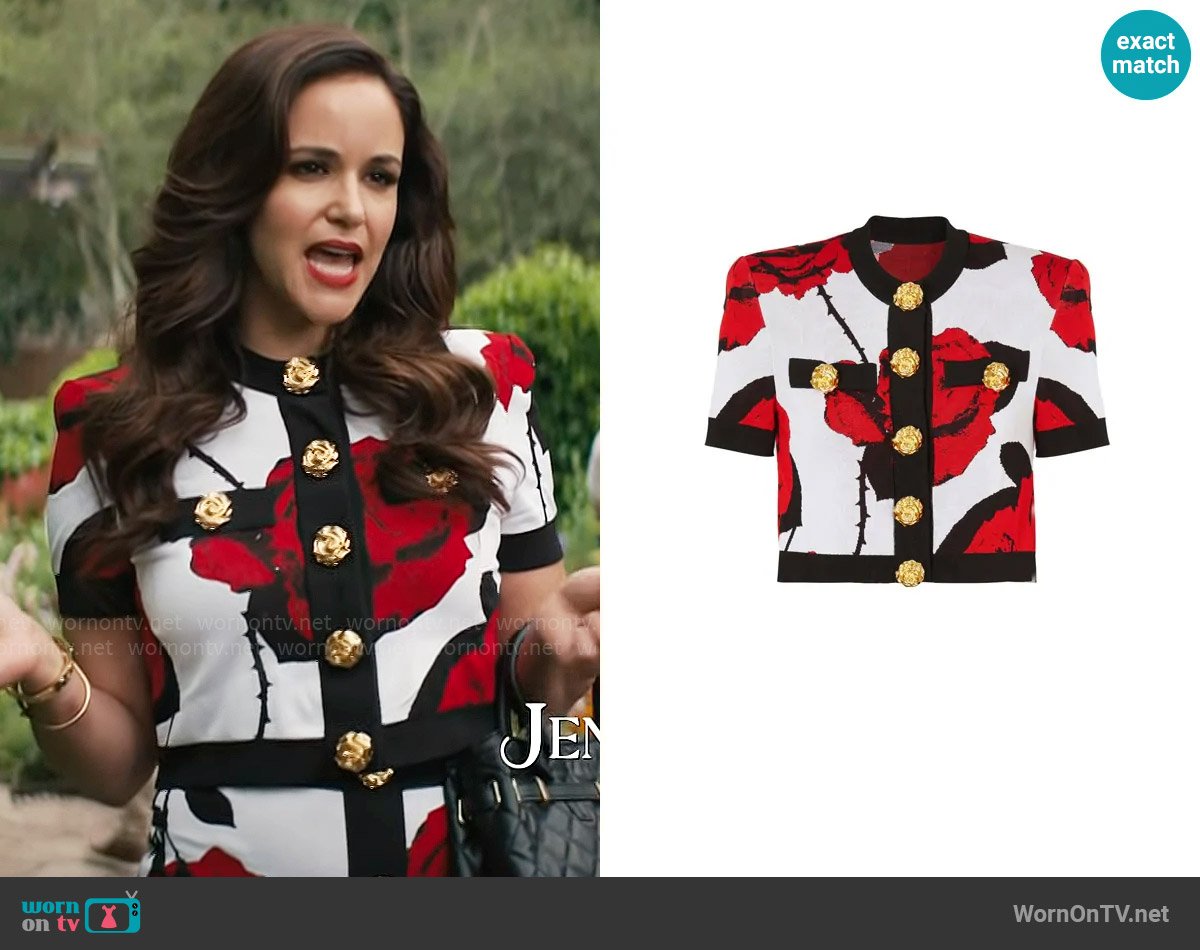 Balmain Floral-jacquard Cropped Cardigan worn by Birdie (Melissa Fumero) on Grosse Pointe Garden Society