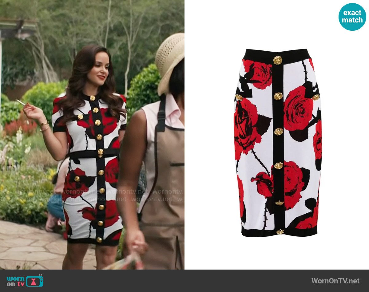 Balmain Floral-jacquard Midi Skirt worn by Birdie (Melissa Fumero) on Grosse Pointe Garden Society