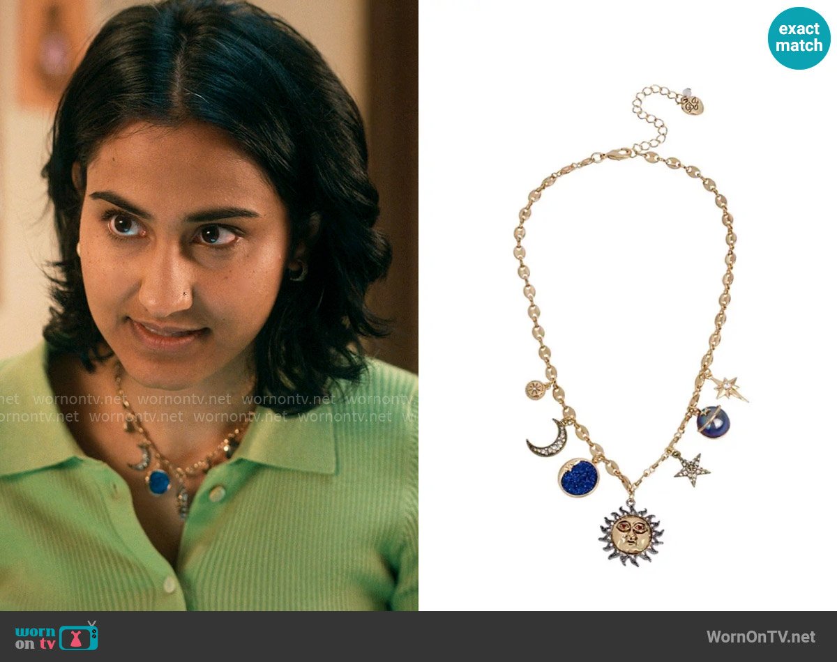 Betsey Johnson Celestial Mixed Charm Necklace worn by Bela Malhotra (Amrit Kaur) on The Sex Lives of College Girls