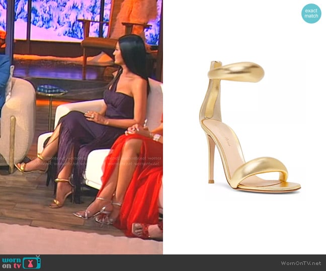 Gianvito Rossi Bijoux Ankle-Strap Metallic Leather Stiletto Sandals worn by Lisa Barlow on The Real Housewives of Salt Lake City