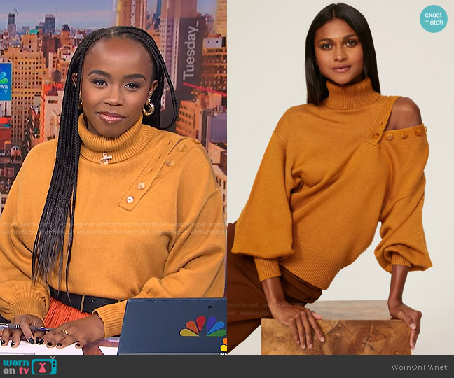 Marissa Webb Collective Button Shoulder Turtleneck Sweater worn by Zinhle Essamuah on NBC News Daily