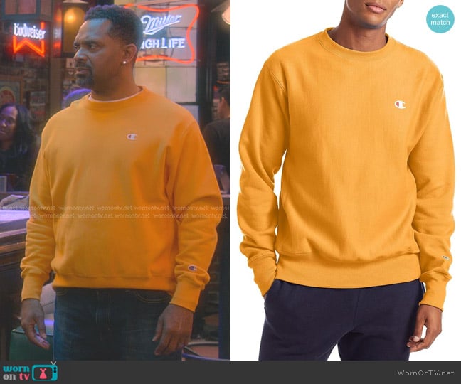 Champion Reverse Weave Sweatshirt in Gold worn by Bernard Upshaw (Mike Epps) on The Upshaws