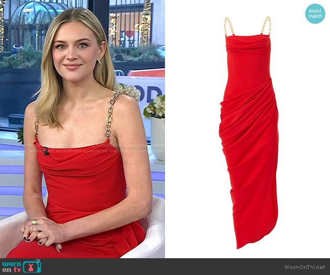 Carolina Herrera Chain Strap Midi Dress in Herrera Red worn by Kelsea Ballerini on Today