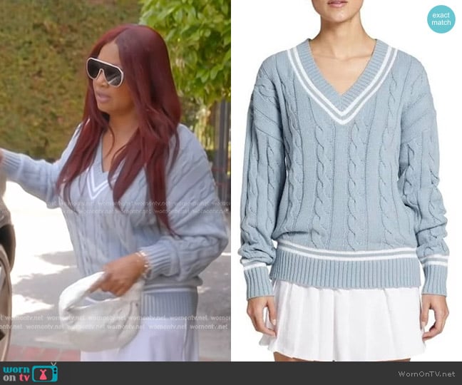 Prince Classic Cable Knit Tennis Sweater in Faded Blue worn by Garcelle Beauvais on The Real Housewives of Beverly Hills