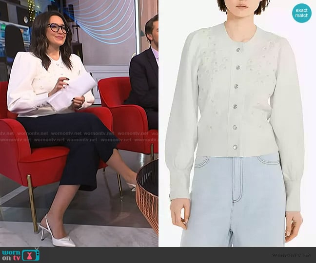 Claudie Pierlot Mareina Flower-Embossed Knitted Cardigan worn by Savannah Sellers on NBC News Daily