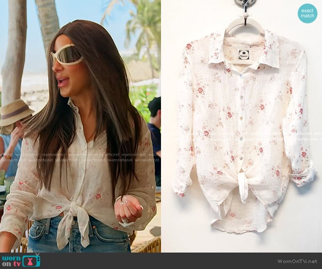 Cruz’n Shoes Namsar Blouse in Linen Gauze Pink Flower worn by Angie Katsanevas on The Real Housewives of Salt Lake City