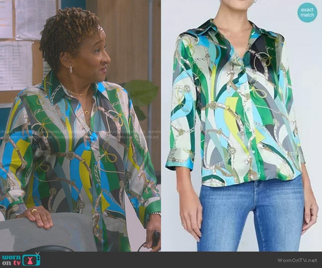 L'Agence Dani Silk Shirt in Sea Green Multi Belt Swirl worn by Lucretia Turner (Wanda Sykes) on The Upshaws