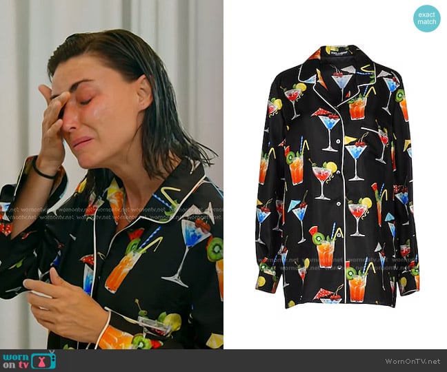 Dolce & Gabbana Silk Cocktail Print Button Front Pajama Shirt worn by Bronwyn Newport on The Real Housewives of Salt Lake City