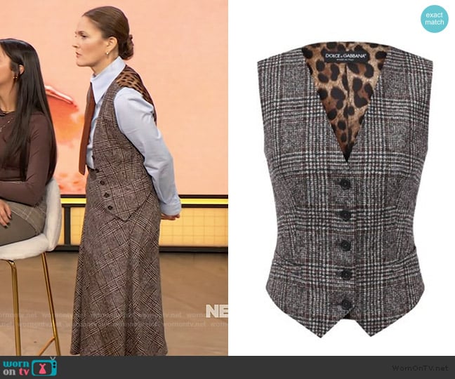 Dolce and Gabbana Prince Of Wales Leopard Patterned Vest worn by Drew Barrymore on The Drew Barrymore Show