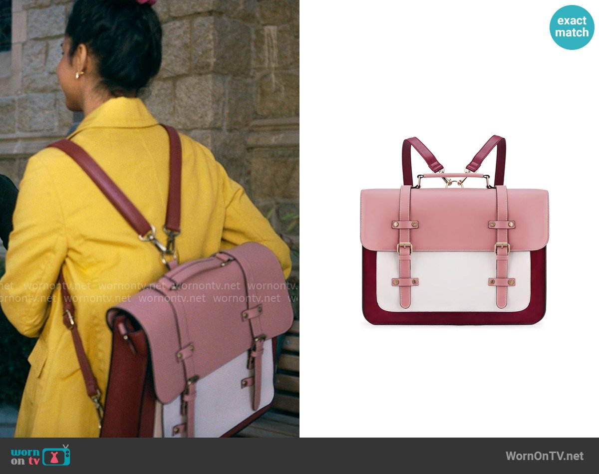 Bela’s pink colorblock backpack on The Sex Lives of College Girls