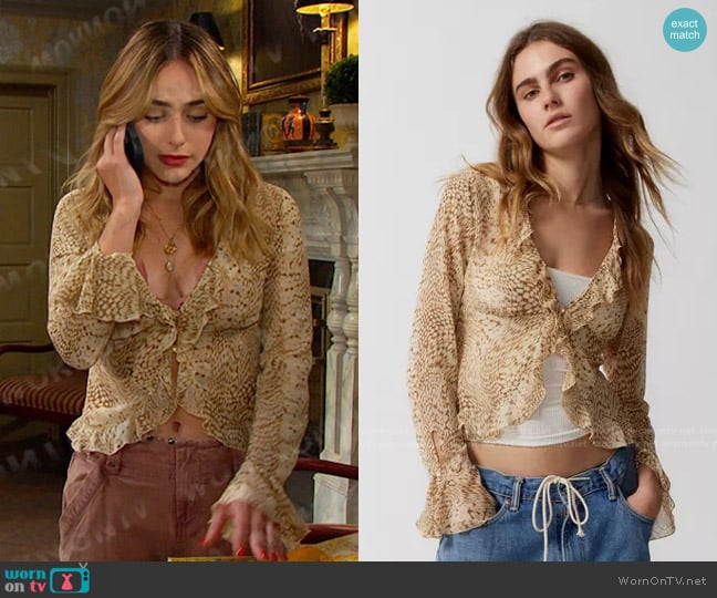 Ecote Terri Semi-Sheer Ruffle Blouse worn by Holly Jonas (Ashley Puzemis) on Days of our Lives